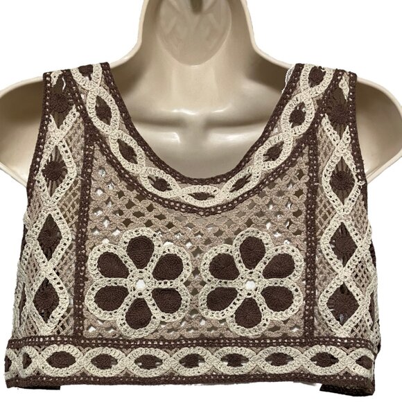 EUC Tan Crochet Crop Top with White Tank Top Size: Medium - Picture 3 of 7